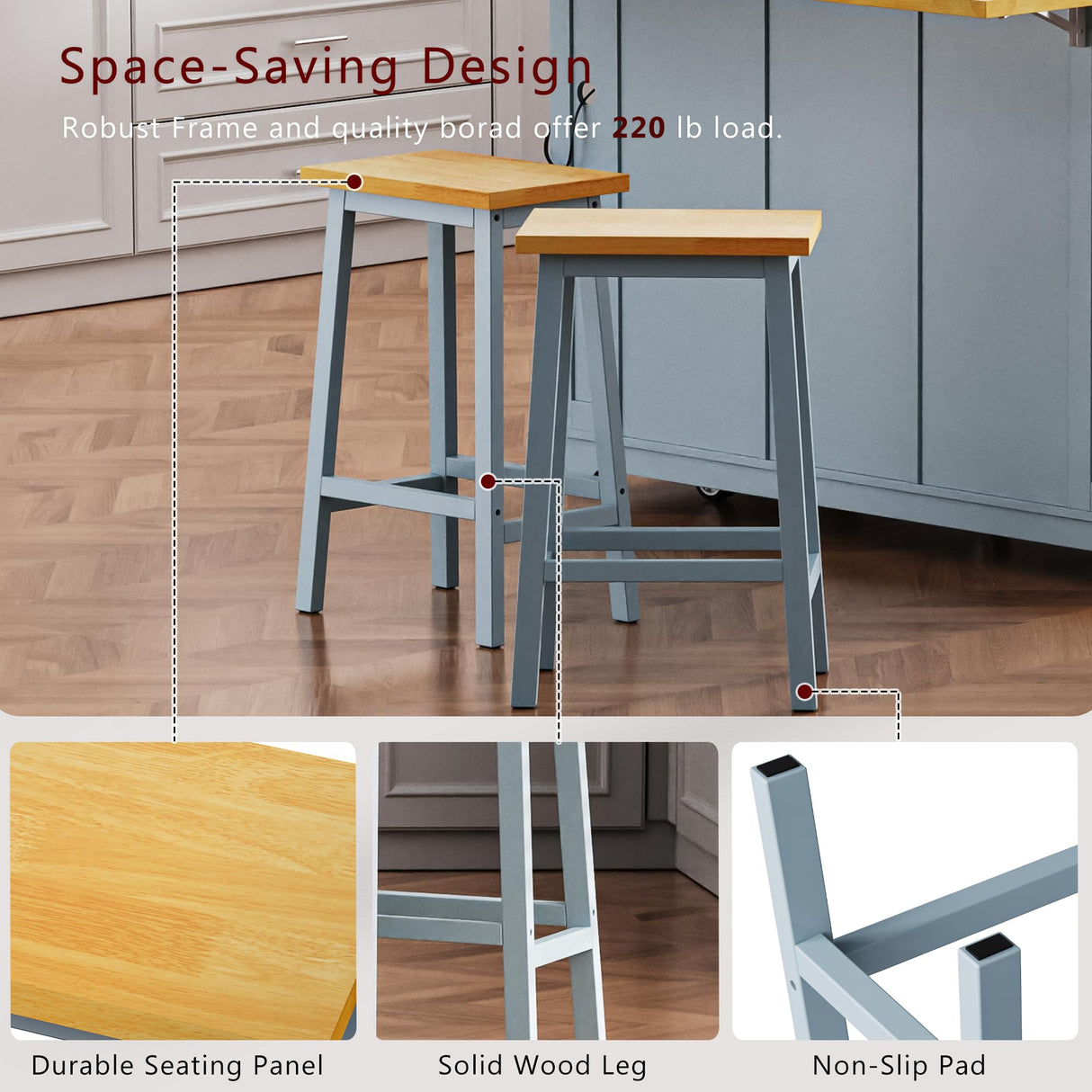 Yayzy Rolling Kitchen Island with 2 Bar Stools, Drop Leaf & Power Outlet, Large Kitchen Islands Cart on Wheels, Movable Island with 5 Open Shelves & Towel Rack for Dining Room, 53″, Grey Blue Yayzy