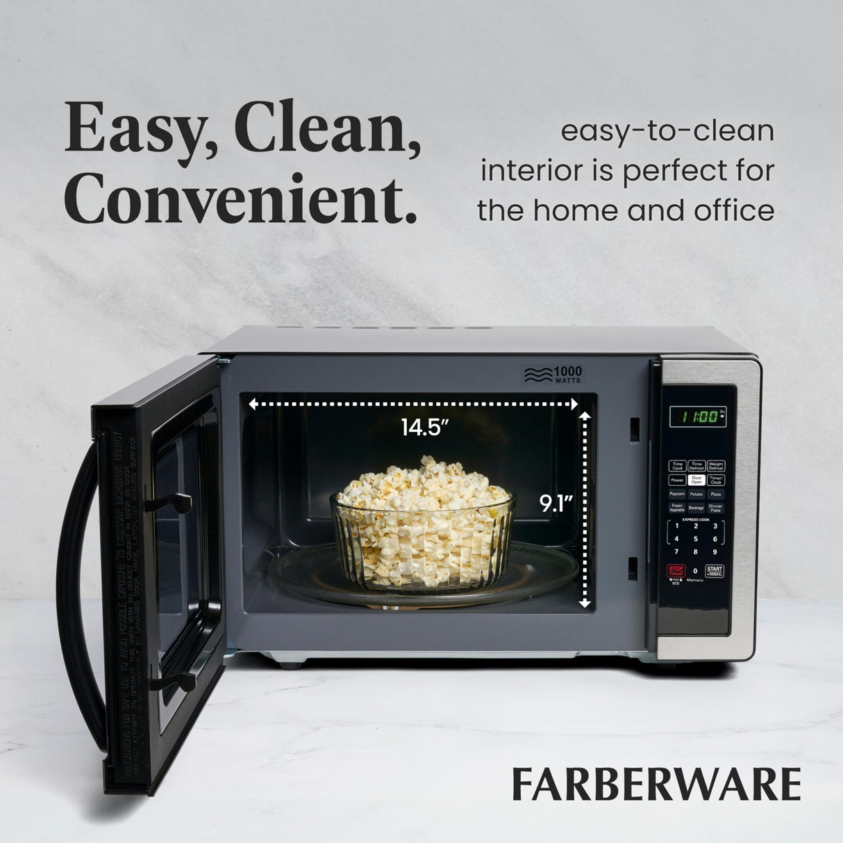Farberware FMO11AHTBKBD1 Countertop 1000 Watts Microwave Oven with LED Lighting and Child Lock-Perfect for Apartments and Dorms-Easy Clean, 1.1 Cu. Ft, Stainless Steel Farberware