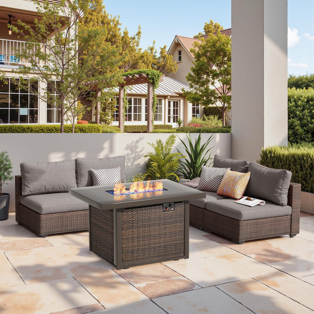 gaildon Patio Furniture Set, 5 PCS Outdoor Sectional Patio Furniture Set with 42" Fire Pit Table, Rattan Wicker Sofa Couch for Garden Backyard Deck Poolside, Grey gaildon