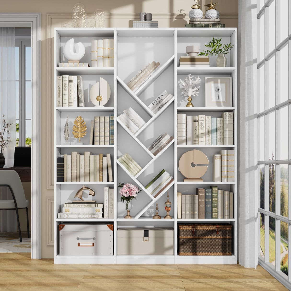 Nosepen 71" White Bookshelf, 6-Tier Floor Standing Bookcase with 13 Square Storage, Tall Bookshelf with Adjustable Shelves, Modern Tree Style Display Organizer for Office, Living Room, Library, White Nosepen