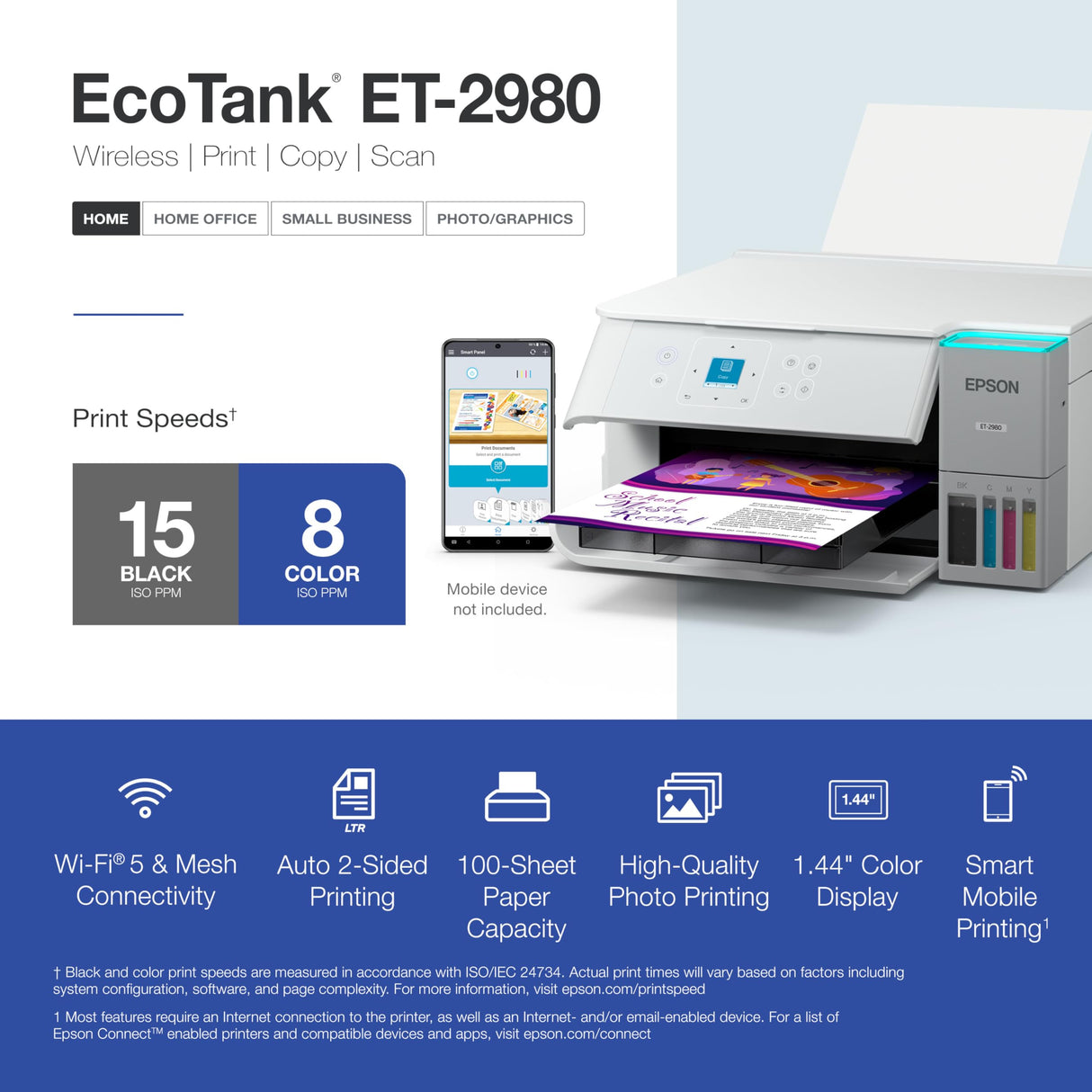 Epson EcoTank ET-2980 Wireless All-in-One Color Supertank Printer with up to 3 Years of Ink, Refillable Tanks, Perfect for Home, 15 PPM, 1.44" Color Screen, Auto 2-Sided Printing - White Epson