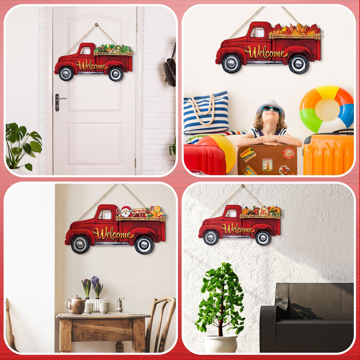 Ferraycle 13 Pcs Interchangeable Welcome Sign Red Truck Decor Welcome Sign Rustic Farmhouse Holiday Decor with 12 Holiday Signs for Fall Thanksgiving Christmas Ferraycle