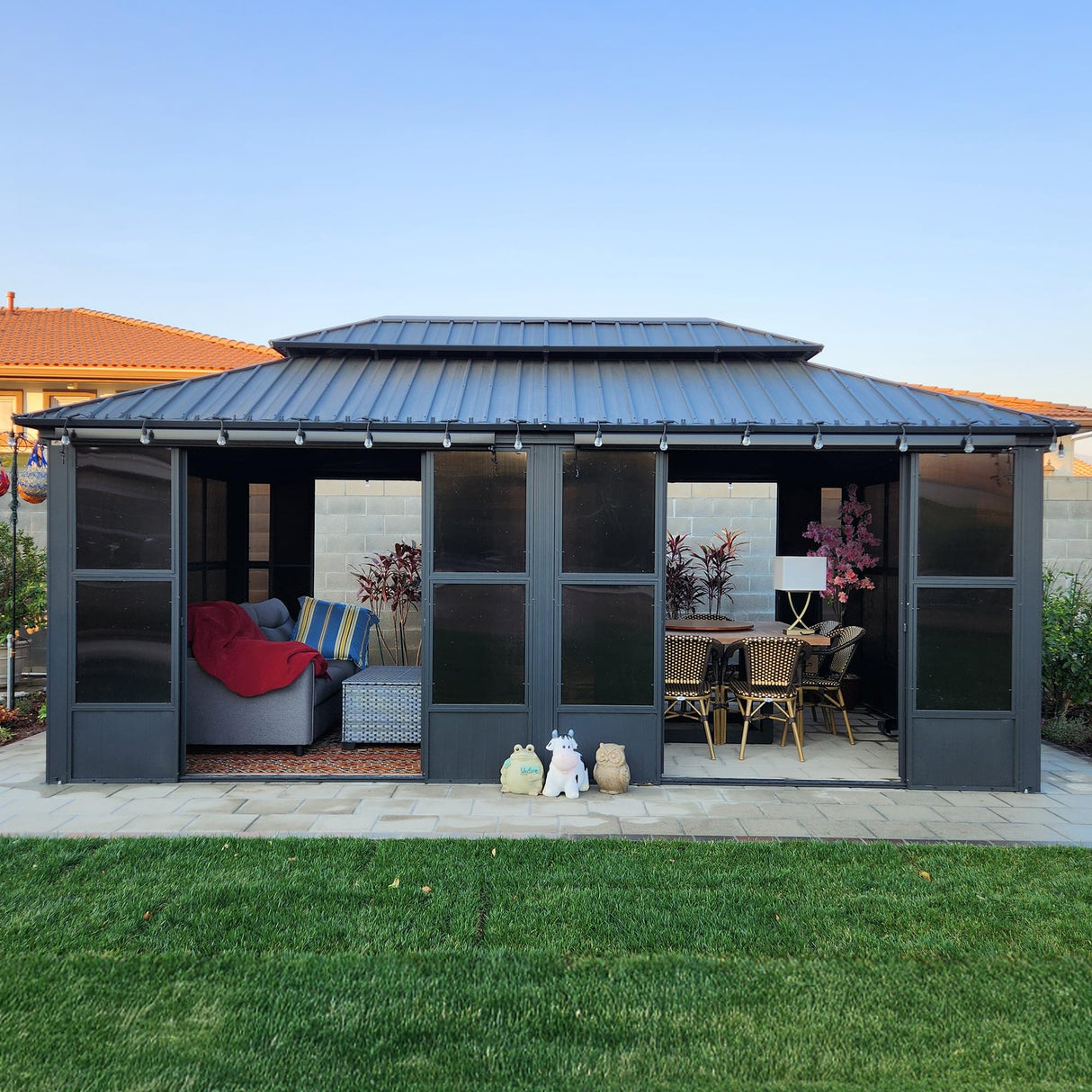 PURPLE LEAF 12' X 20' Solarium Sunroom Permanent Hardtop Gazebo Galvanized Steel Double Roof Aluminum Outdoor Enclosed Gazebo for Lawn Deck Backyard Grey PURPLE LEAF