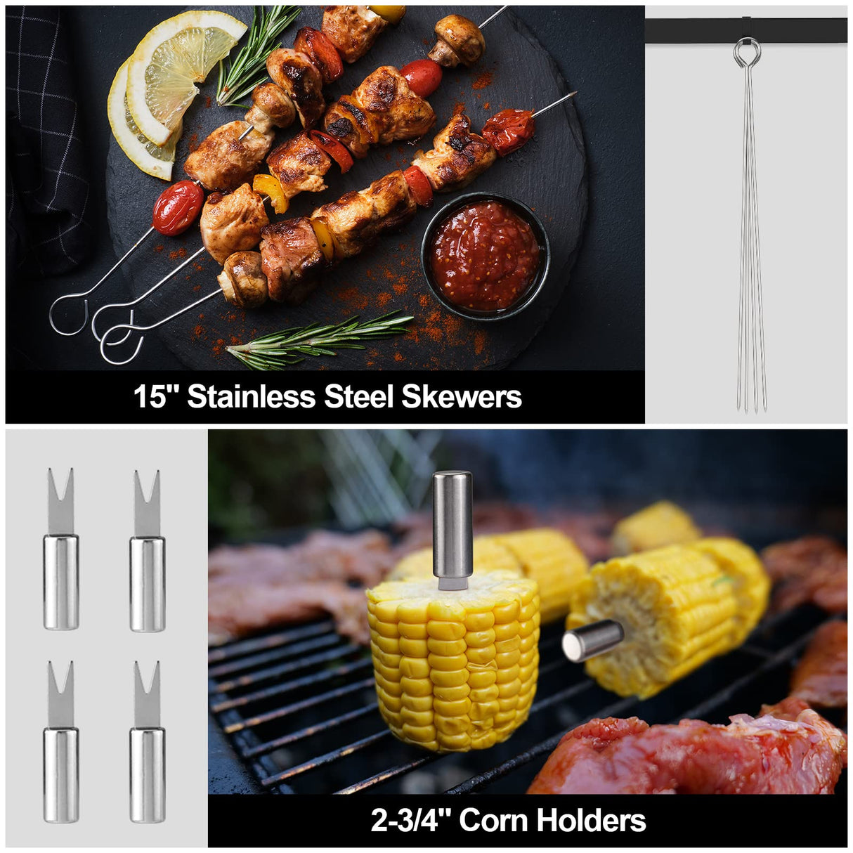 HAUSHOF Large Grilling Accessories, BBQ Grill Set, Heavy Duty Stainless Steel Barbecue Utensils with 16-1/2" Spatula, Brush, Fork, Tongs, Skewers, Thermometer, Bag, Ideal Gift, 15PCS HAUSHOF