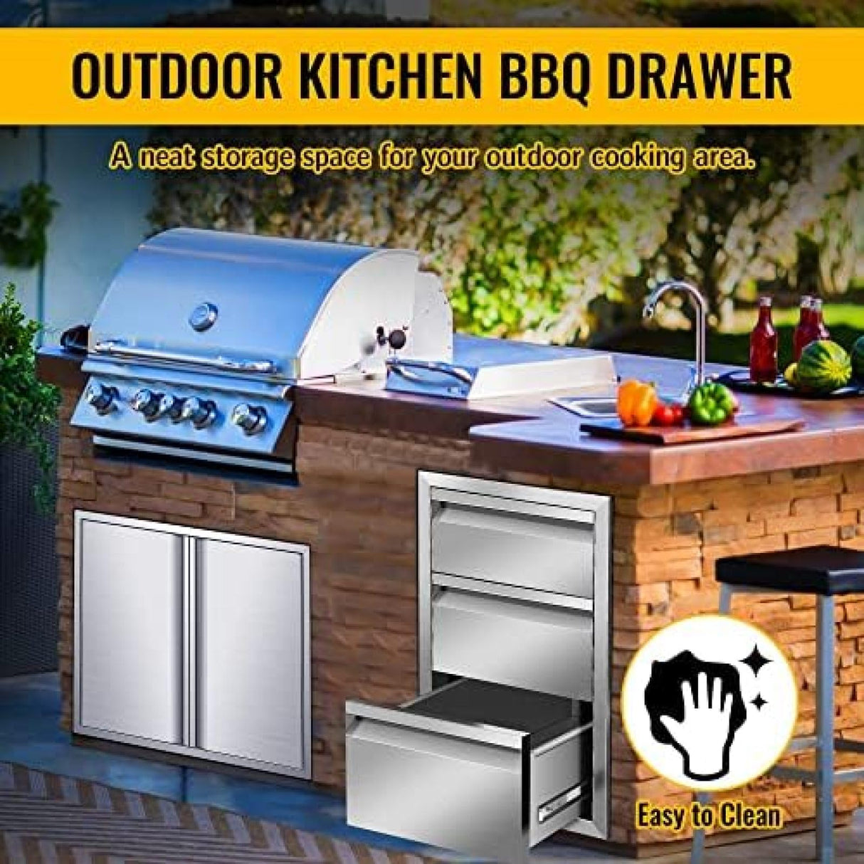 Outdoor Kitchen Drawer Stainless Steel BBQ Triple Drawer Flush Mount for Outdoor Kitchen Island,-14W X 21H X 23D Inch WoodArtSupply