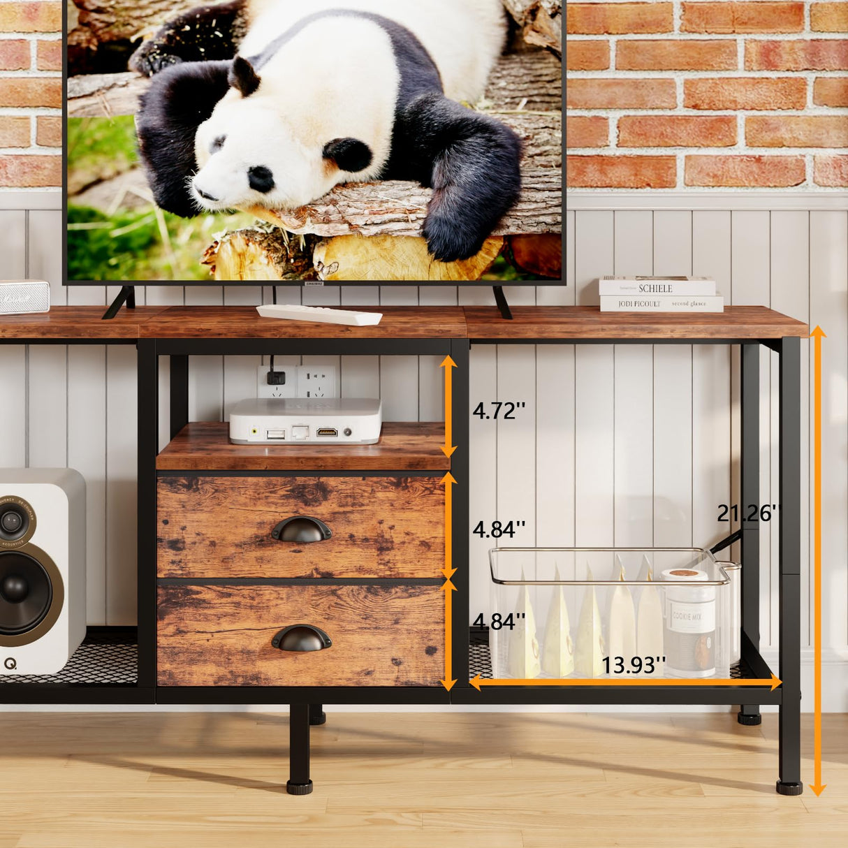 Furologee TV Stand with 2 Fabric Drawers, 42 Inch Small Entertainment Center with Open Storage Shelves, Media Console Table for Bedroom, Living Room, Rustic Brown Furologee