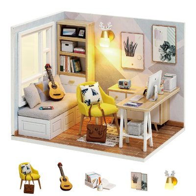 Flever Dollhouse Miniature DIY House Kit Creative Room with Furniture for Romantic Artwork Gift (Sunny Study)