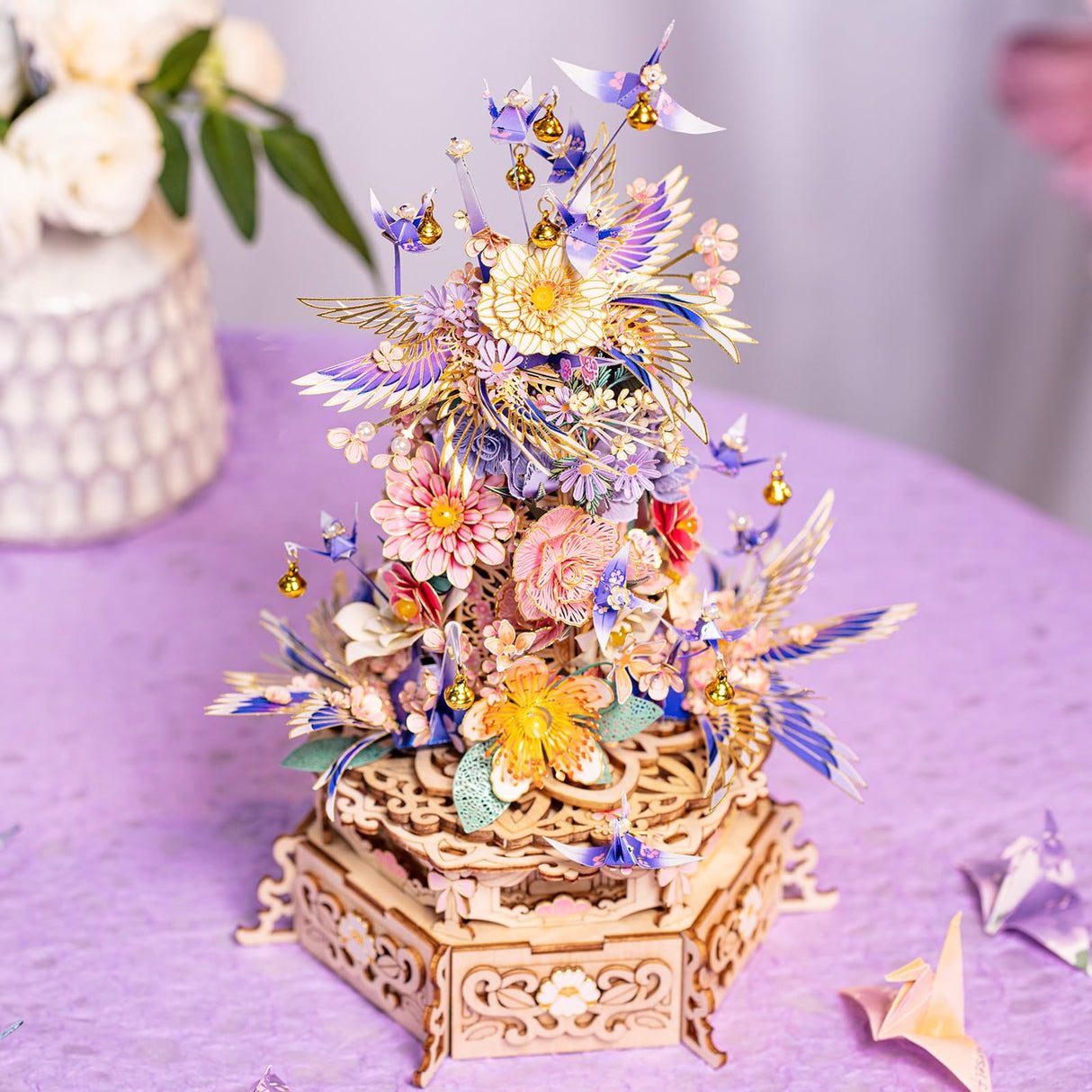 MU 3D Wood Puzzles for Adults The Feast of Flower, 3D Puzzles Lighting Metal Model Kits Building, Wooden Flowers Puzzle Music Box Building Puzzle Boxes Sets, Birthday Gift Desk Home Decor MU