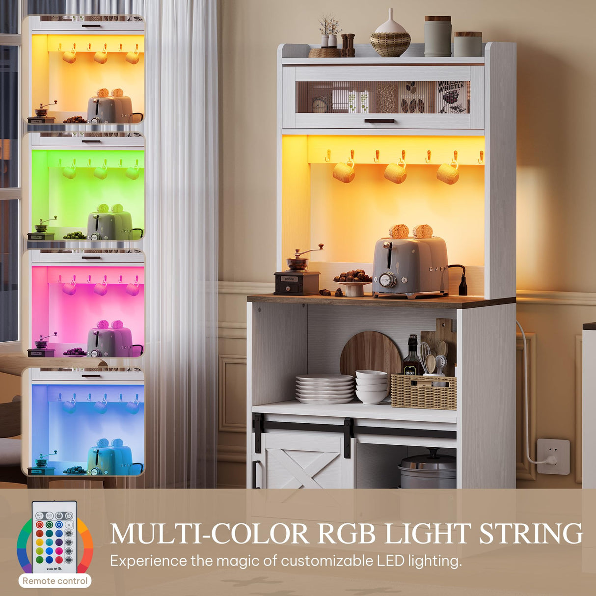 YITAHOME Bakers Rack with Power Outlet and Storage Farmhouse Microwave Stand with LED Lights Heavy Duty 5-Tier Coffee Bar Cabinet Station with 7 Hooks for Kitchen Dining Room Living Room White YITAHOME