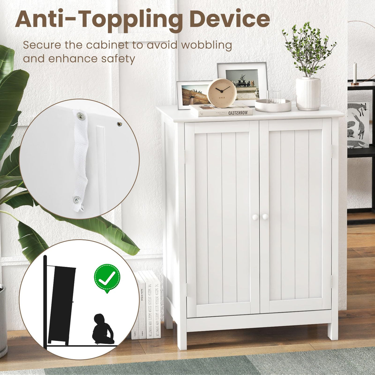 COSTWAY Bathroom Storage Cabinet, Freestanding Bathroom Organizers and Storage with Doors & Adjustable Shelf, Wooden Floor Cabinet for Home, Living Room, Entryway, Kitchen (White) COSTWAY