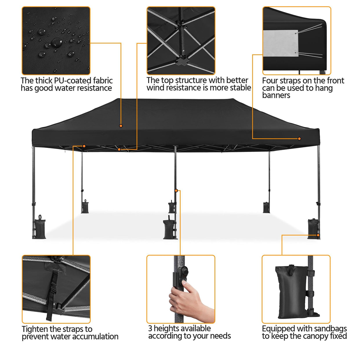 Yaheetech Heavy Duty Pop Up Canopy Tent, 10x20 Commercial Instant Shelter Tent for Wedding, Parties, Adjustable Outdoor Canopy with Wheeled Carry Bag, 6 Sandbags & 10 Stakes, Black Yaheetech