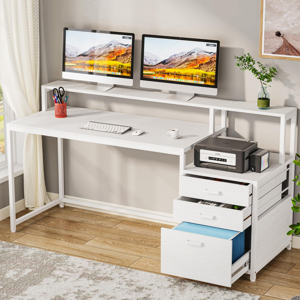 Tribesigns 63 Inch Computer Desk with File Drawer Cabinet, Ergonomic Office Desk with Monitor Stand, Computer Table with Printer Space, Wood PC Table Workstation Desk for Home Office, White Tribesigns