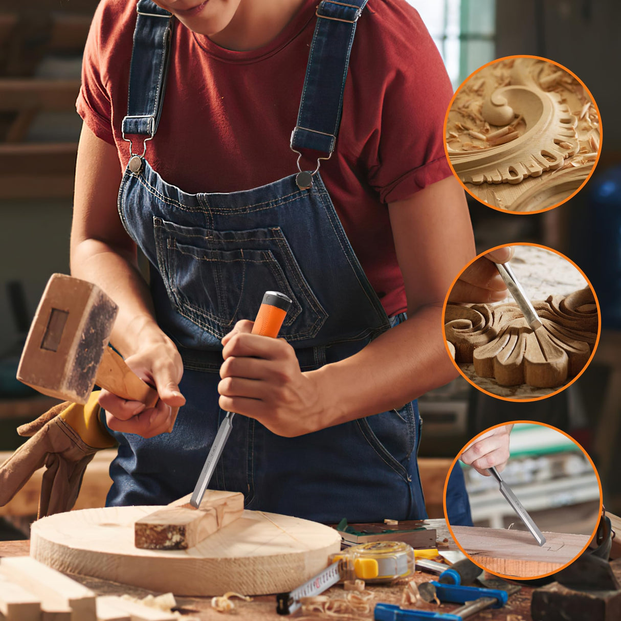 KINGBRO 6 Pcs Wood Chisel Sets, Wood Chisels for Carbon Steel Woodworking with Steel Hammer End, Durable PP+TPR High Impact Handle Wood Chisel, 6/12/19/25/32/38mm KINGBRO