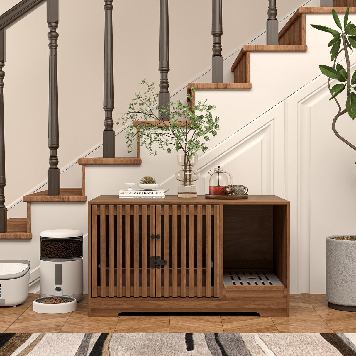 Cat Litter Box Enclosure Furniture, Hidden Litter Box Cabinet with Scratch Pad, Modern Wooden Cat House Washroom End Table for Living Room (Walnut) Athuiline