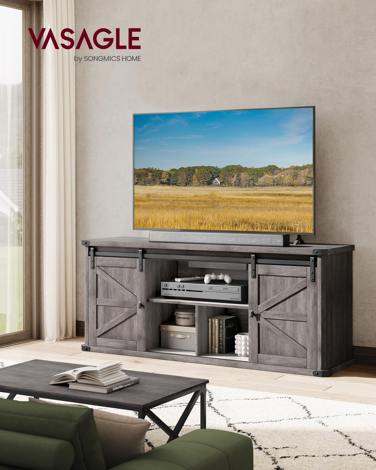 VASAGLE TV Stand for TVs up to 65 Inches, Farmhouse Entertainment Center with Sliding Barn Doors, TV Console Table for Living Room, Misty Gray ULTV324G68 VASAGLE