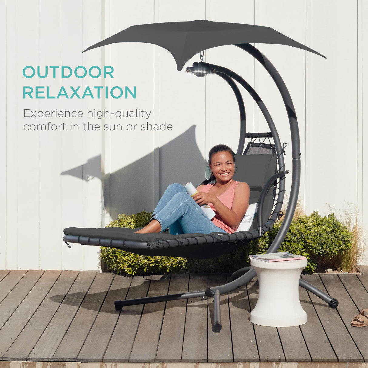 Best Choice Products Outdoor Hanging Curved Steel Chaise Lounge Chair Swing w/Built-in Pillow and Removable Canopy - Charcoal Gray Best Choice Products