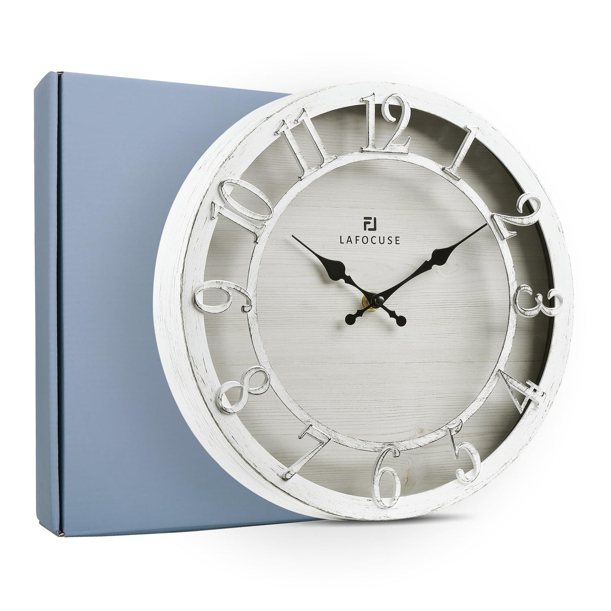 Lafocuse 12 Inch Silent White Wall Clocks Battery Operated, Farmhouse Wall Clock for Kitchen Living Room, Rustic Home Décor Lafocuse