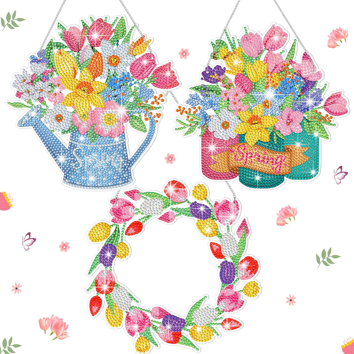 Menkxi 3 Set 5d Spring Diamond Painting Hanging Spring Flower Diamond Art Kits Sign Wreath Tulip Spray Bottle DIY Crystal Paint Arts and Crafts Set for Garden Door Window Ornaments Menkxi