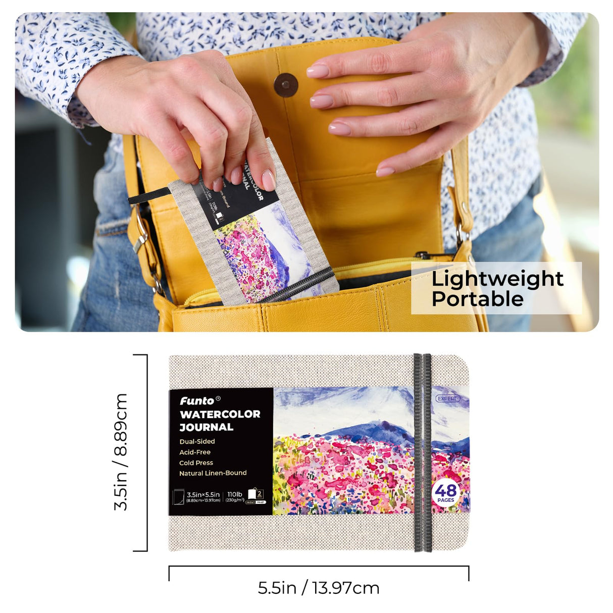 Funto Watercolor Journal, 3.5x5.5, 2 Pack, 48 Pages Each, Cold-Pressed with Inner Pocket, 110lb/230gsm, Suitable for Techniques and Mixed Media Funto