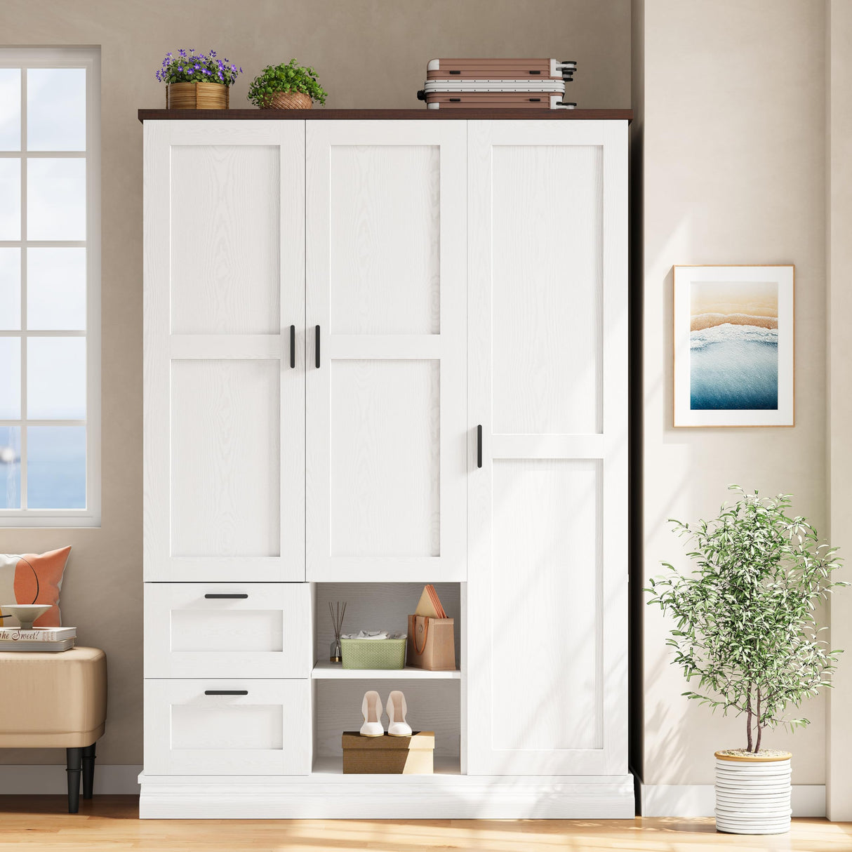 IRONCK Armoire Wardrobe Closet with 2 Drawers, 3 Doors, 2 Hanging Rods, Wardrobe Cabinet, Wooden Freestanding Bedroom Closet Cabinet with Adjustable Shelf, Storage Armoire, Rustic White IRONCK