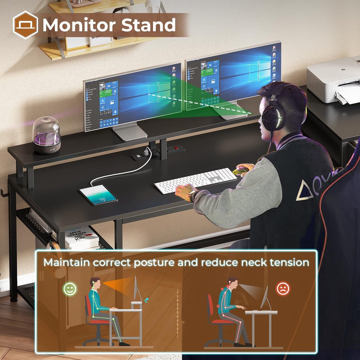 SEDETA 59" Office Desk with Drawers, Reversible Computer Desk with File Drawers & Storage, Gaming Desk with LED Lights & Power Outlet, Home Office Desks for Printer, Black SEDETA