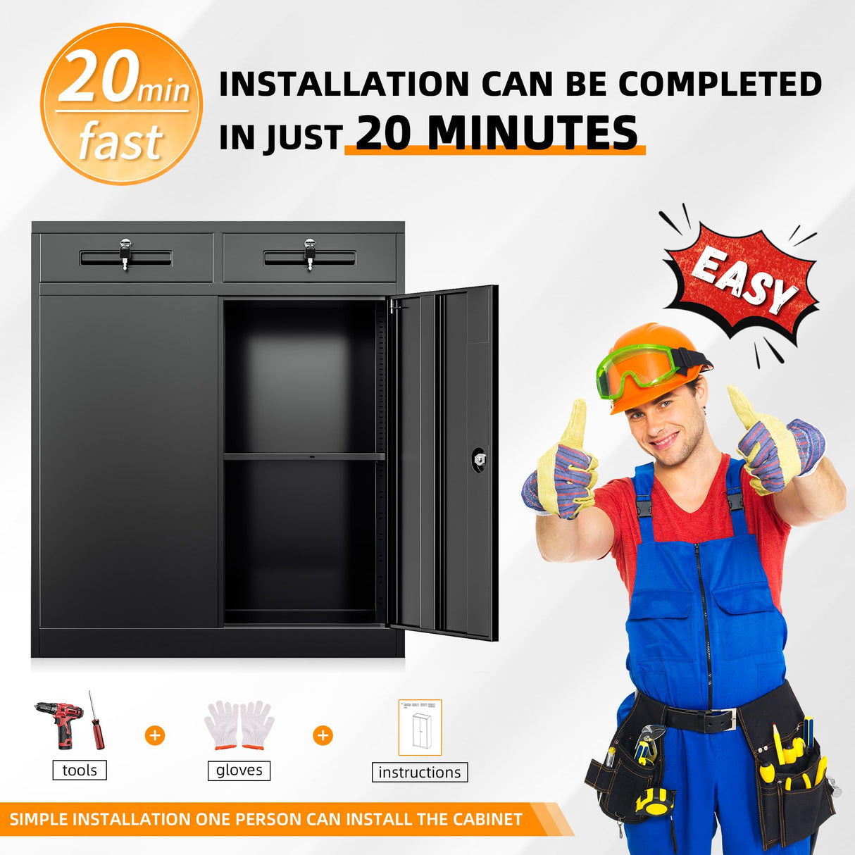 INTERGREAT Metal Storage Cabinet with Drawers, Black Locking Steel Garage Cabinet with 2 Doors and Adjustable Shelves, Lockable File Cabinets for Garage, School, Home Office, Classroom (32”W x 16”D) INTERGREAT