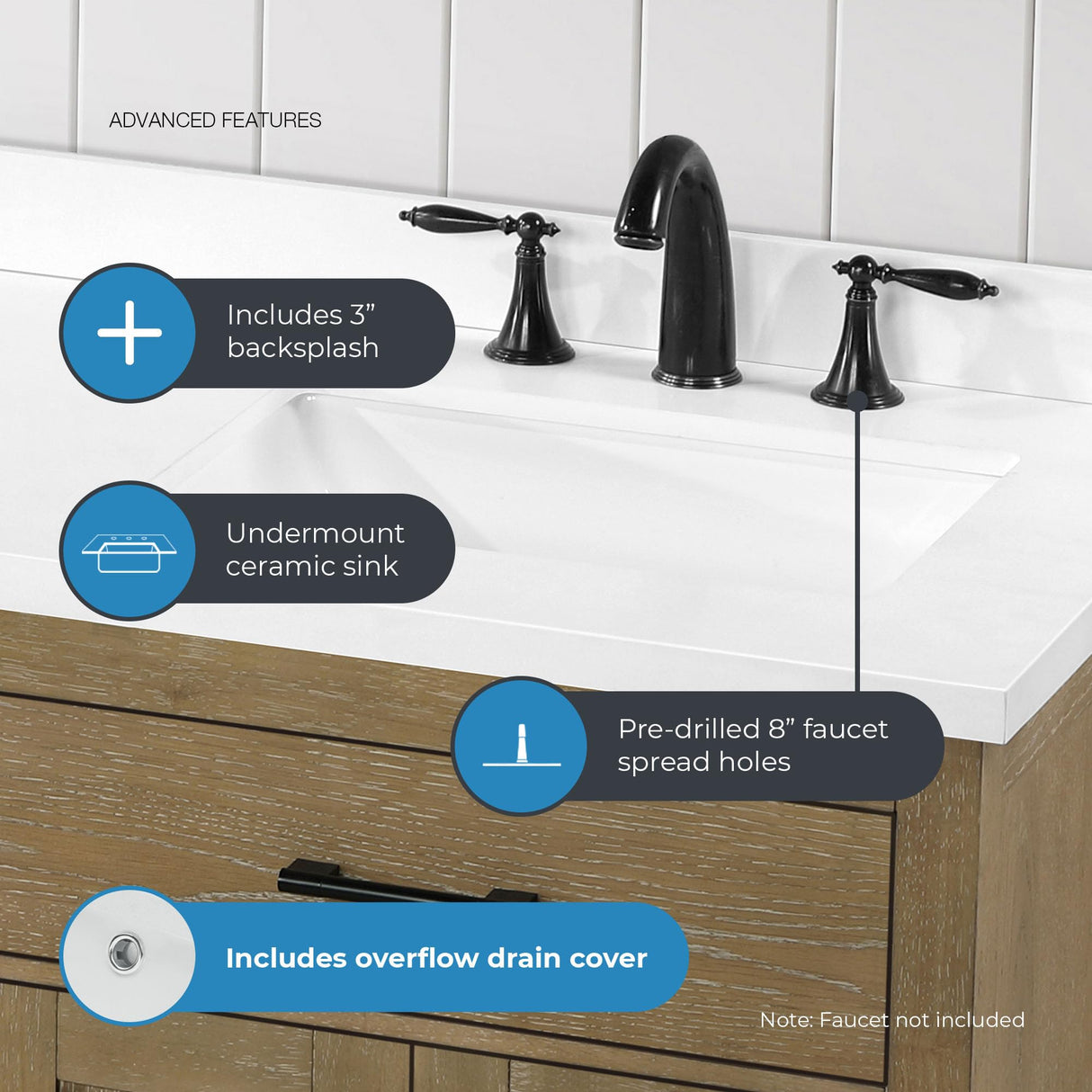 OVE Decors Bailey 72 in. W x 22 in. D x 34.5 in. H Bath Vanity in Driftwood Oak with White Engineered Quartz Top OVE Decors