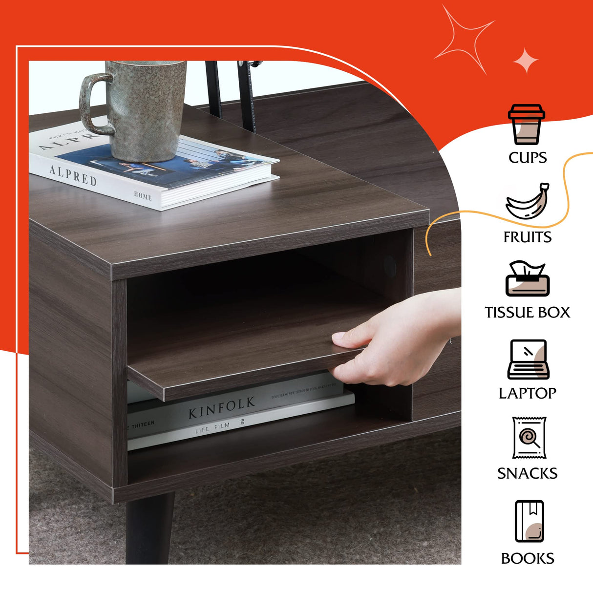 WLIVE Lift Top Coffee Table with Storage for Living Room,Small Hidden Compartment and Adjustable Shelf,Mid Century, Modern ,Wood,Grey WLIVE