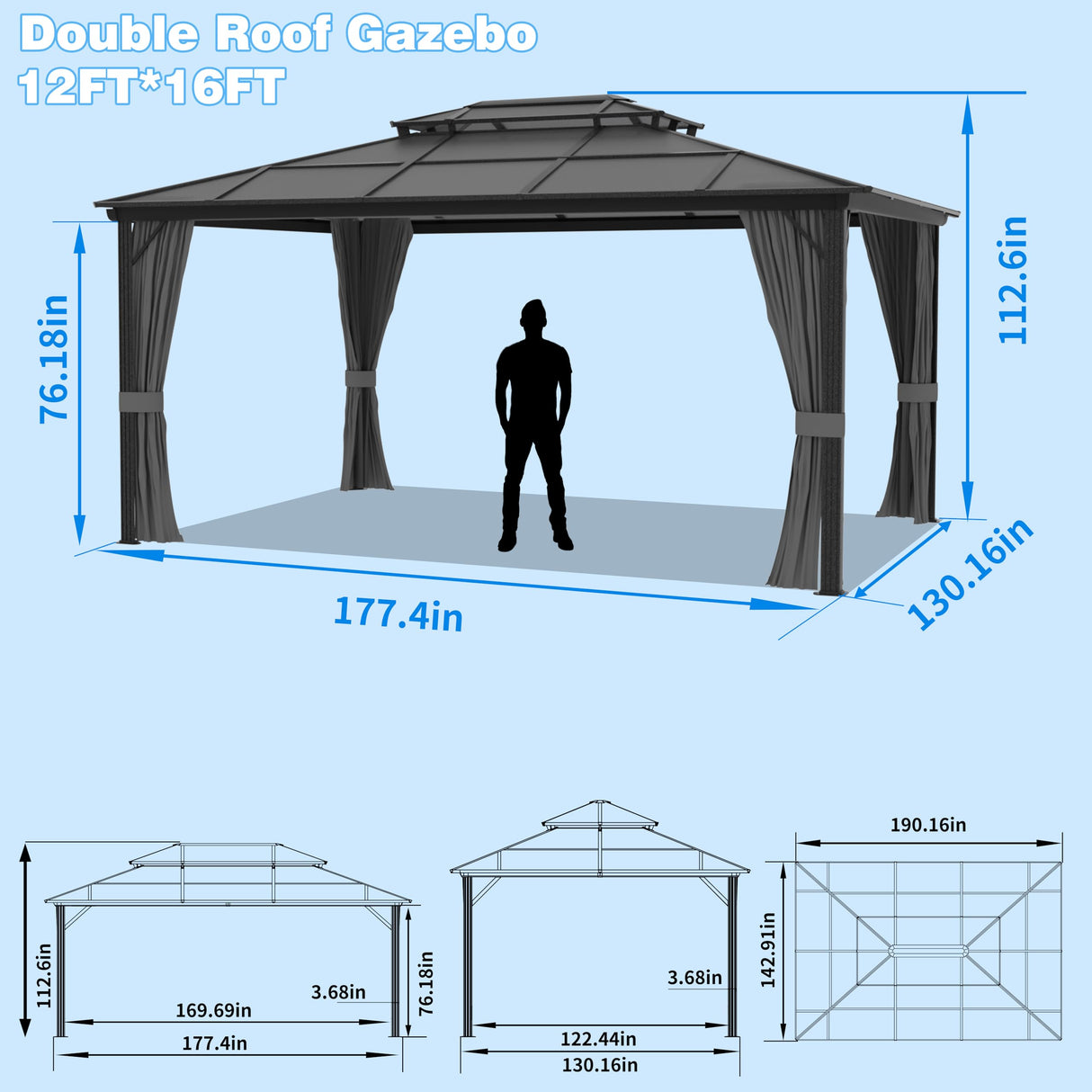 MUPATER Outdoor 12' x 16' Polycarbonate Hardtop Gazebo with Aluminum Frame, Double Roof Canopy, Netting and Curtains for Patios, Deck, Lawns and Gardens, Grey MUPATER