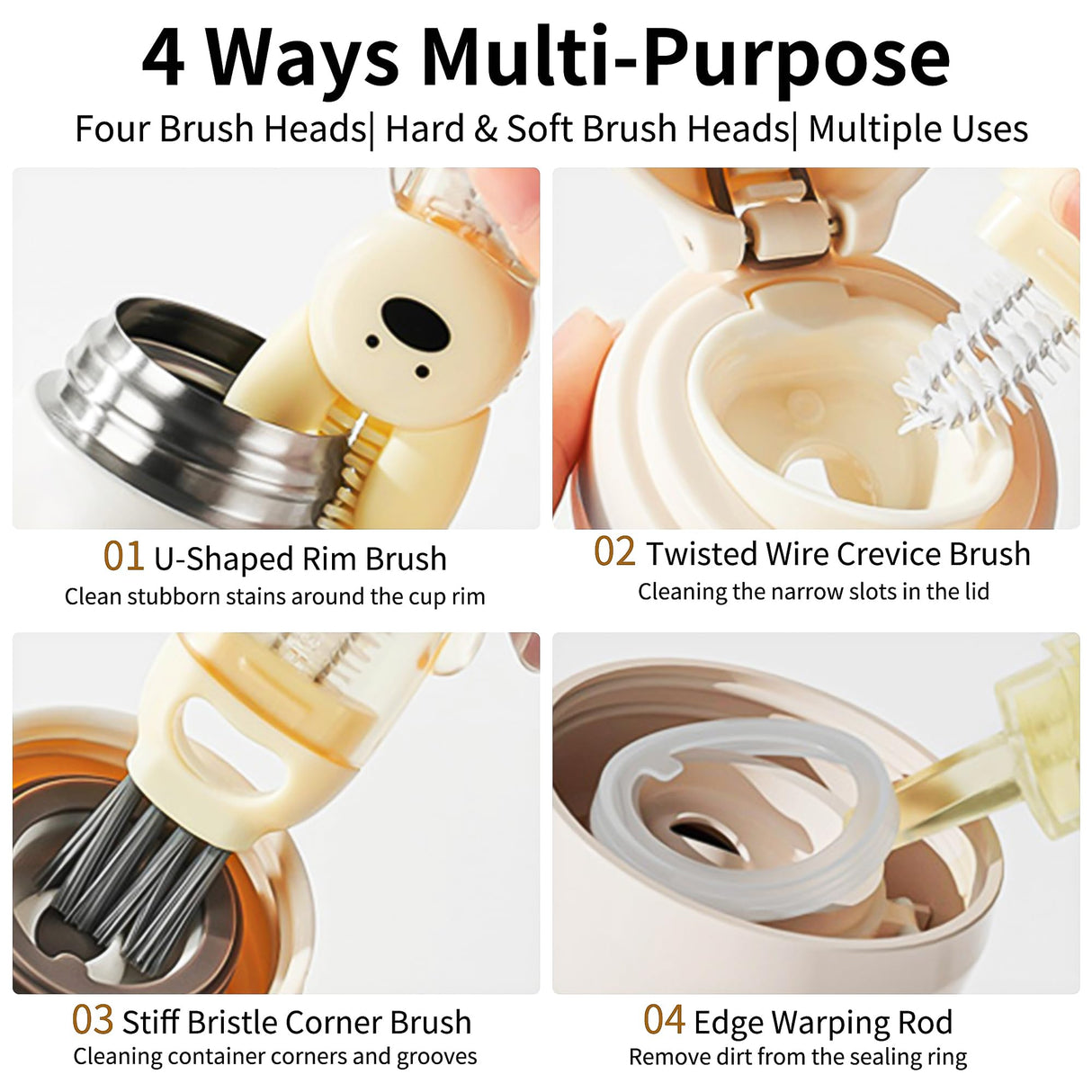 3 PCS Bottle Brush - Upgrade 4 in 1 Cup Lid Gap Cleaning Brush Set, Multifunctional Insulation Bottle Cleaning Tools, Mutipurpose Tiny Silicone Cup Holder Cleaner, Home Kitchen Cleaning Tools vidonio