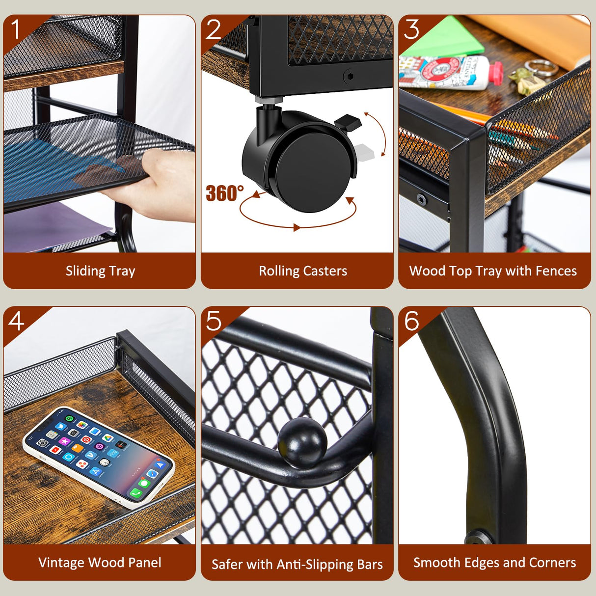 3IngSeagulls 5-Tier Rolling File Cart with Hanging File Folders, Mobile Desk File Organizer on Lockable Wheels, Wood & Mesh Paper Letter Sliding Trays Organization for Office, Home, School, Patent 3IngSeagulls