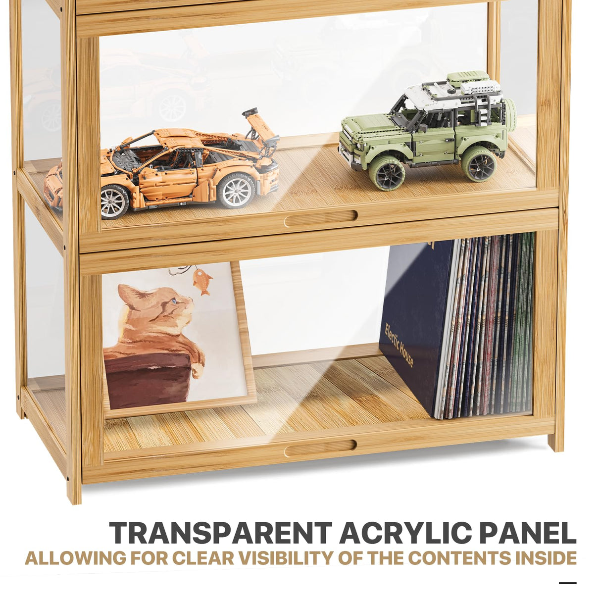 MoNiBloom 55" Curio Display Cabinet with Doors, 4-Tier Bamboo Showcase Storage Cabinet Shelf Collectibles Toy Display Case for Living Room, Natural MoNiBloom