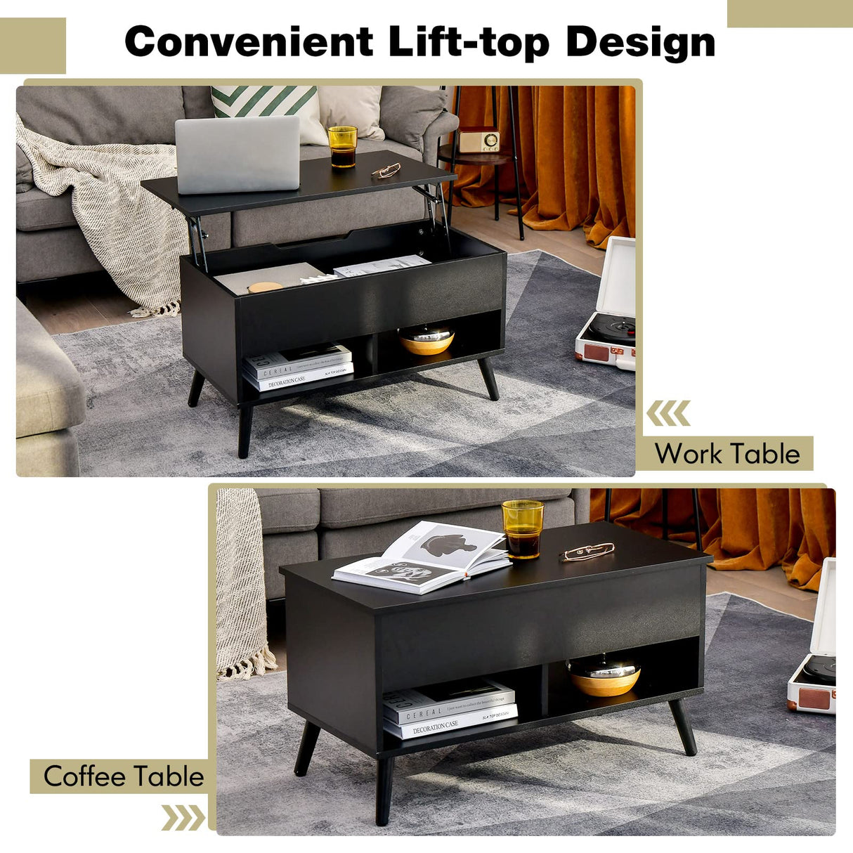 Tangkula Lift Top Coffee Table, Modern Cocktail Table with Hidden Compartment & 2 Open Shelves, Flip Top Center Table, Wooden Pull up Coffee Table for Living Room, Reception Room, Office (Black) Tangkula