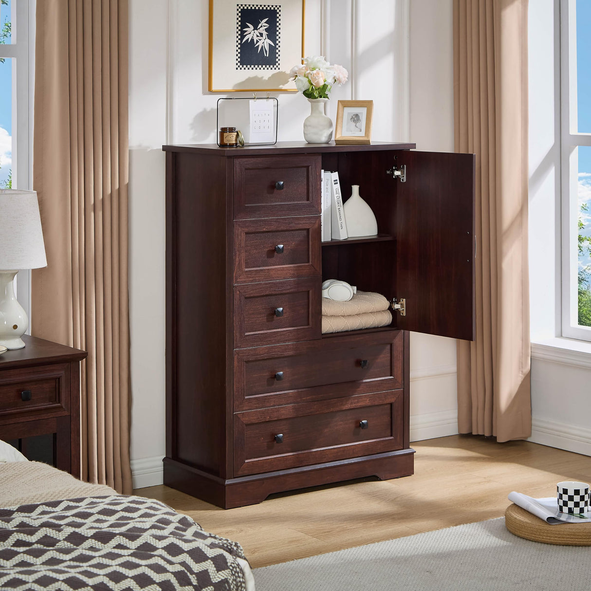 SOOWERY Dresser for Bedroom, Farmhouse Dresser with 5 Wooden Drawers and Storage Cabinet, 48 Inches Tall Chest of Drawers for Bedroom, Living Room, Hallway, Dark Cherry SOOWERY