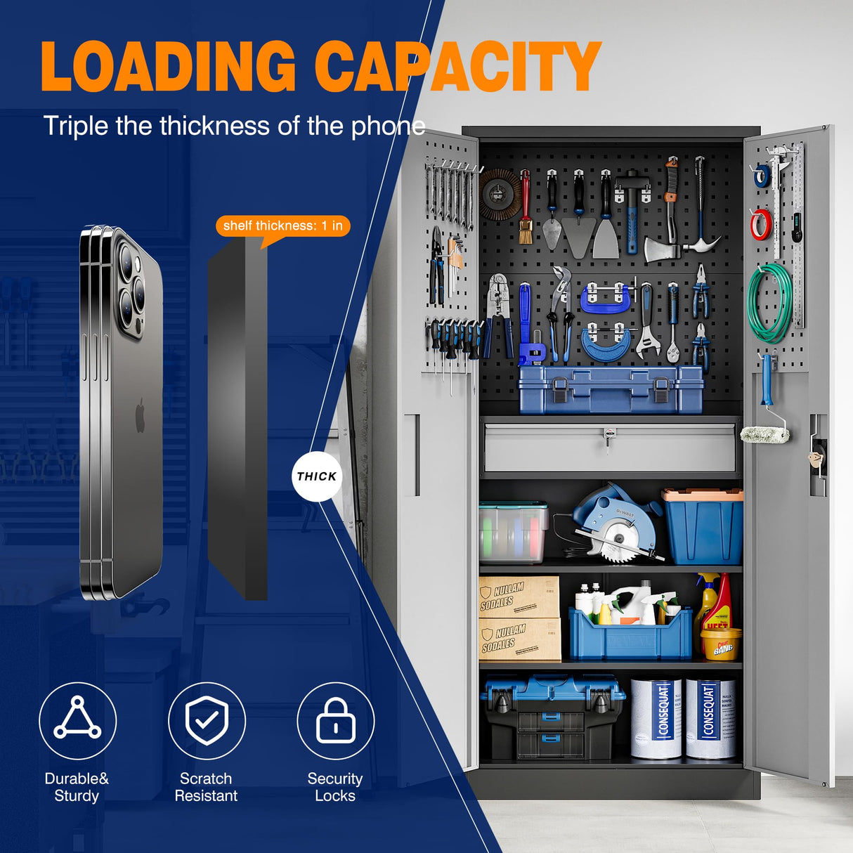 Yizosh Metal Garage Storage Cabinet with Locking Doors and Drawers, Heavy Duty Steel Tool Cabinet with Pegboard, 71" - Lockable Cabinets for Garage, Warehouse, Basement (Black Gray) Yizosh