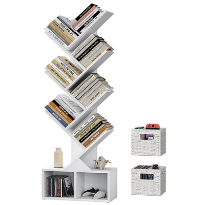 Vagusicc Tree Bookshelf, 6 Tier Bookshelf with Storage, Tall Narrow Bookcase, Rustic Wood Book Storage Rack for CDs/Books, Small Book Organizer Shelves for Bedroom, Living Room, Home Office, White
