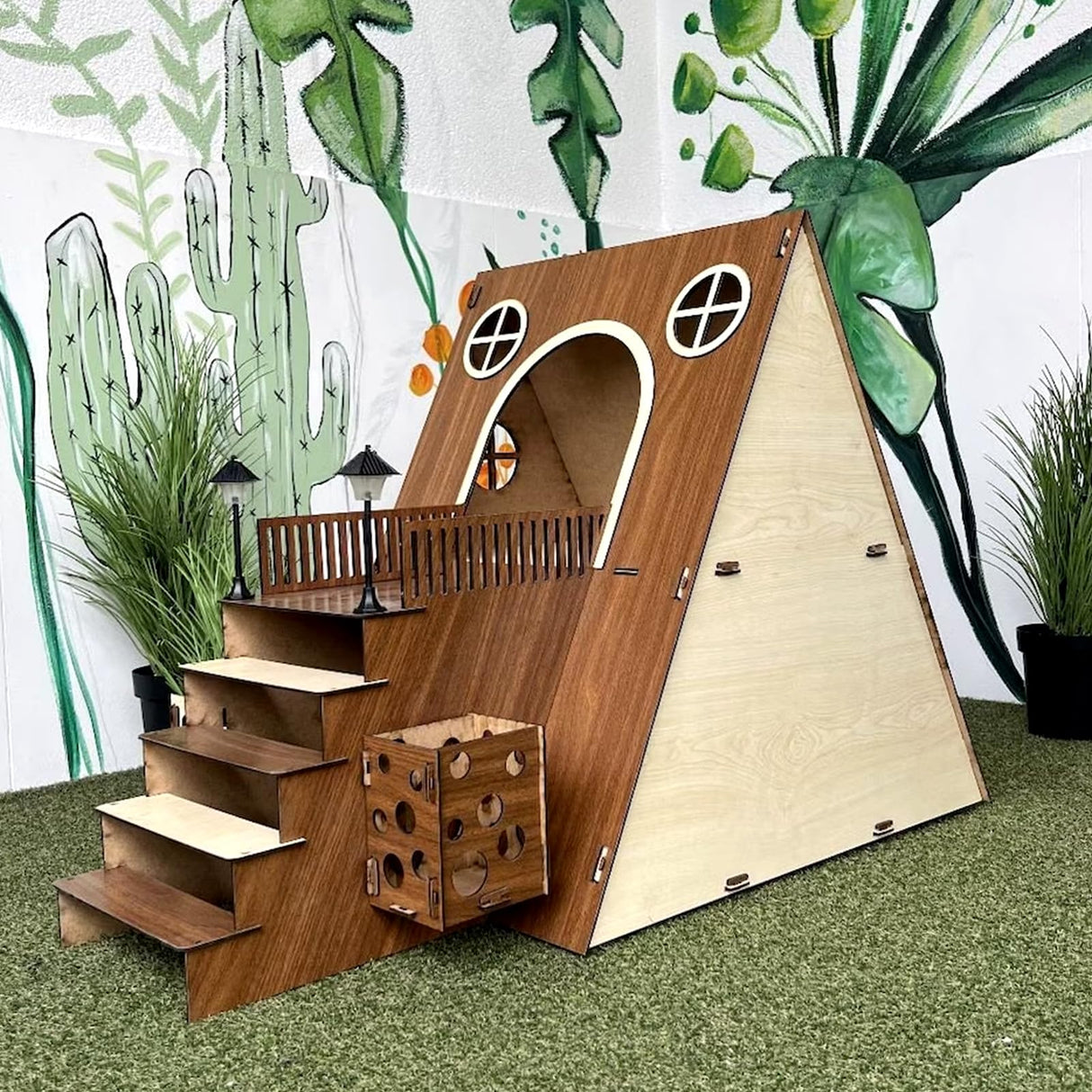 Tnstbiee Large Modern Wooden Rabbit Castle House Hutch - Bunny Hideout Indoor Habitats - Pet 2-Story Home Furniture(Excluding Street Lights) Tnstbiee