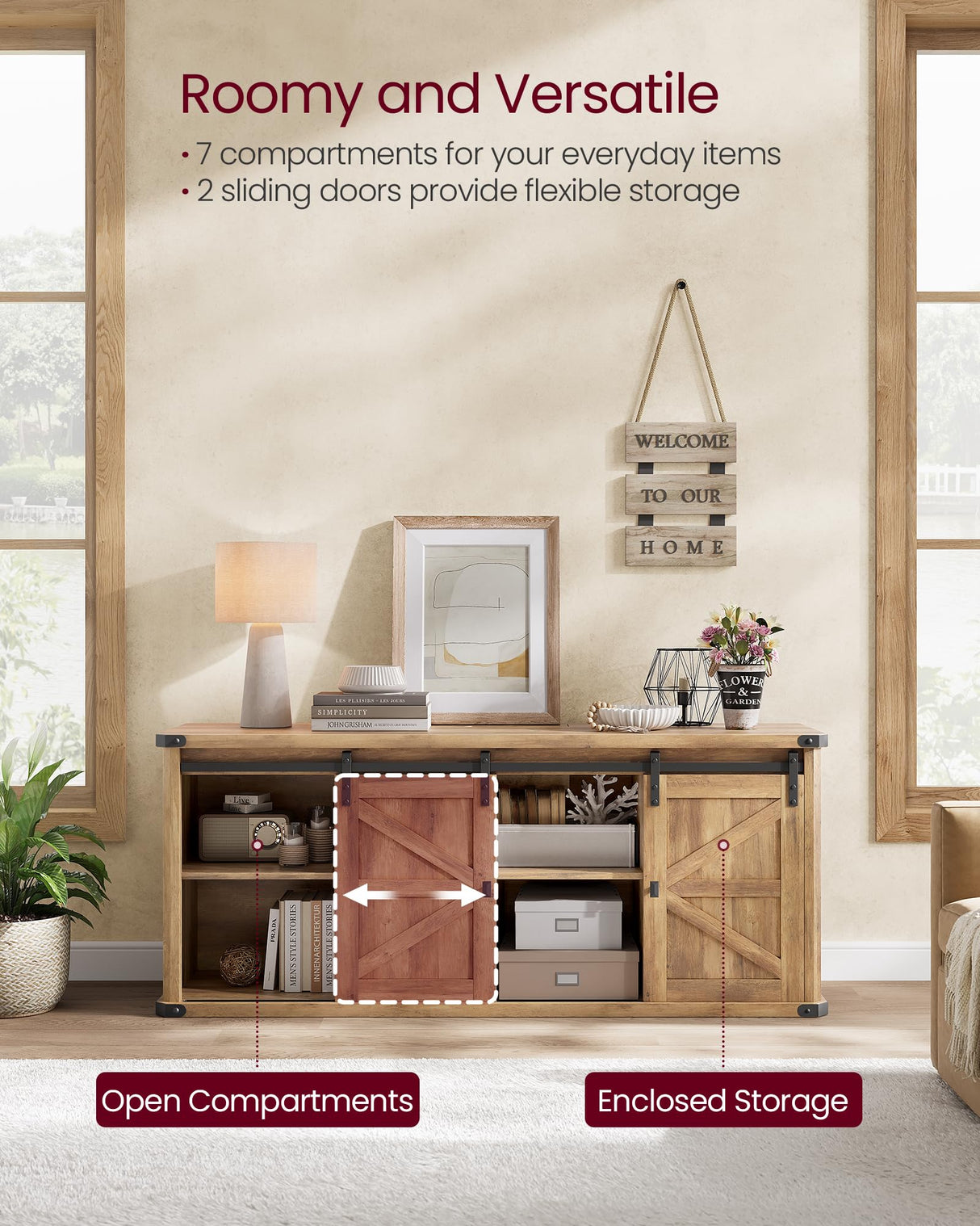 VASAGLE TV Stand for TVs up to 65 Inches, Farmhouse Entertainment Center with Sliding Barn Doors, TV Console Table for Living Room, Honey Brown ULTV324K41 VASAGLE