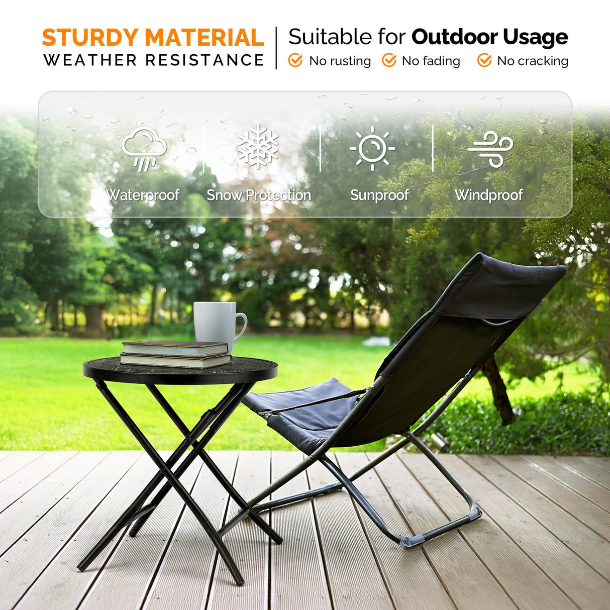 VINGLI Outdoor Folding Side Table with Chic Hollow Pattern and Durable, Rust-Resistant Black-Coated Iron Patio Bistro Table Suitable for Indoor & Outdoor Porch, Deck, Balcony and Pool VINGLI