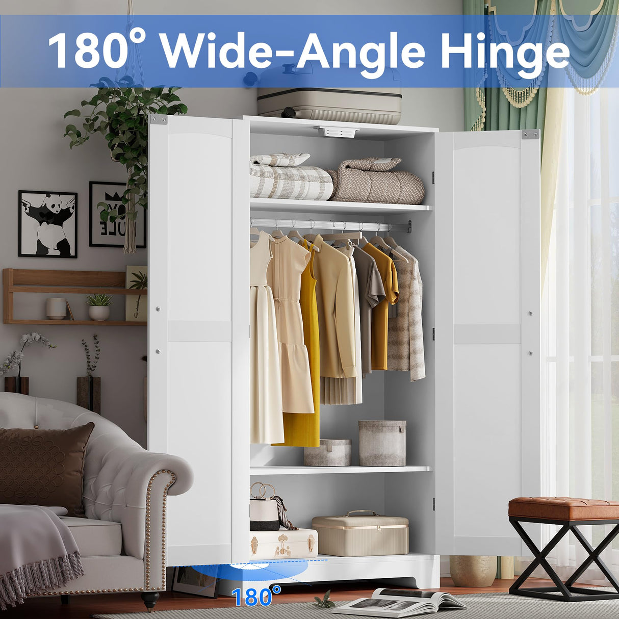 Wooden Armoire Wardrobe Closet, Wardrobe Cabinet with Door and Shelves, Freestanding Bedroom Armoires Clothing Storage Cabinet with Hanging Rod for Bedroom, Laundry Room, Cloak Room(White) Honsiva