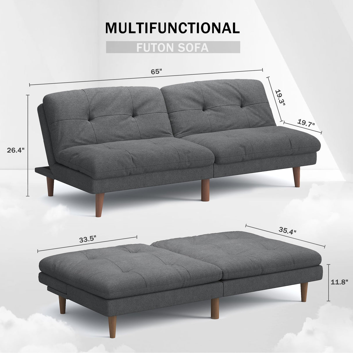 Flamaker Futon Sofa Bed Fabric Couch Adjustable Sleeper Sofa Bed for Small Apartment Modern Convertible Futon Set, Gray Flamaker