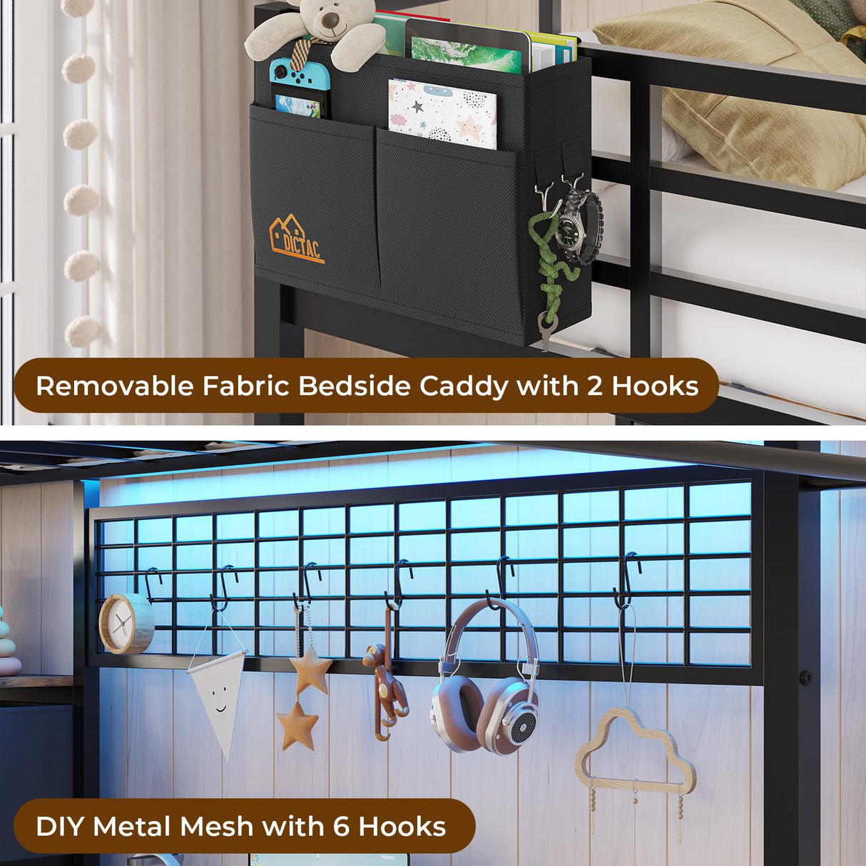 DICTAC Full Loft Bed with L-Shaped Desk and 7 Storage Drawers,Metal Full Size Loft Bed for Teen with LED Lights and Charging Station,13.11" H Safety Guardrail and Ladder,No Box Spring Needed, Black DICTAC