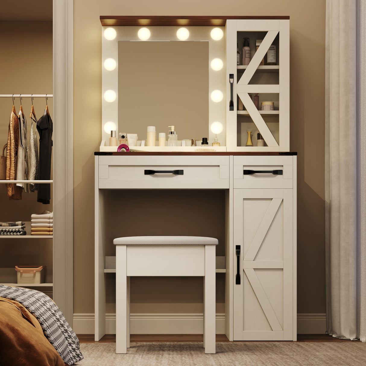 NEDYO Vanity with Mirror and Lights, Farmhouse Vanity Desk, Makeup Vanity Table Set, Small Wood Vanity with Chair, Vintage Large Light Bulbs Dimmable Mirror, Shelves and Drawers. White NEDYO