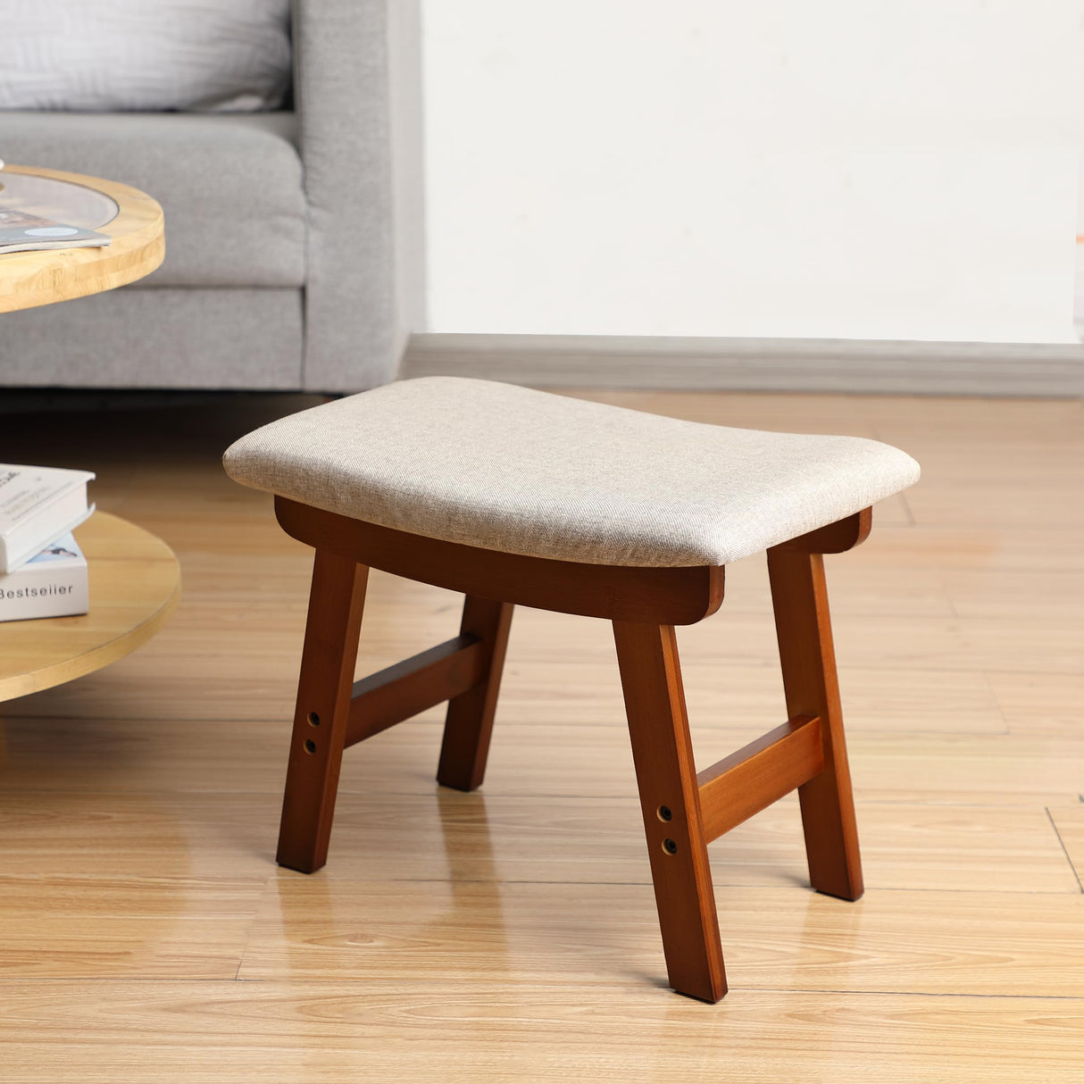 BAMBOO LAND- Bamboo Foot Stools Ottoman, Beige Cushion & Brown Wood Legs, Small Ottoman Foot Rest for Couch BAMBOO LAND