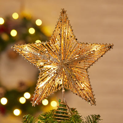 Christmas Star Tree Topper, Plug in 3D Star Tree Topper, 11”Golden Glittered Metal Hollow Designed Built-in 10 Bulbs String Lights for Christmas Tree Decorations