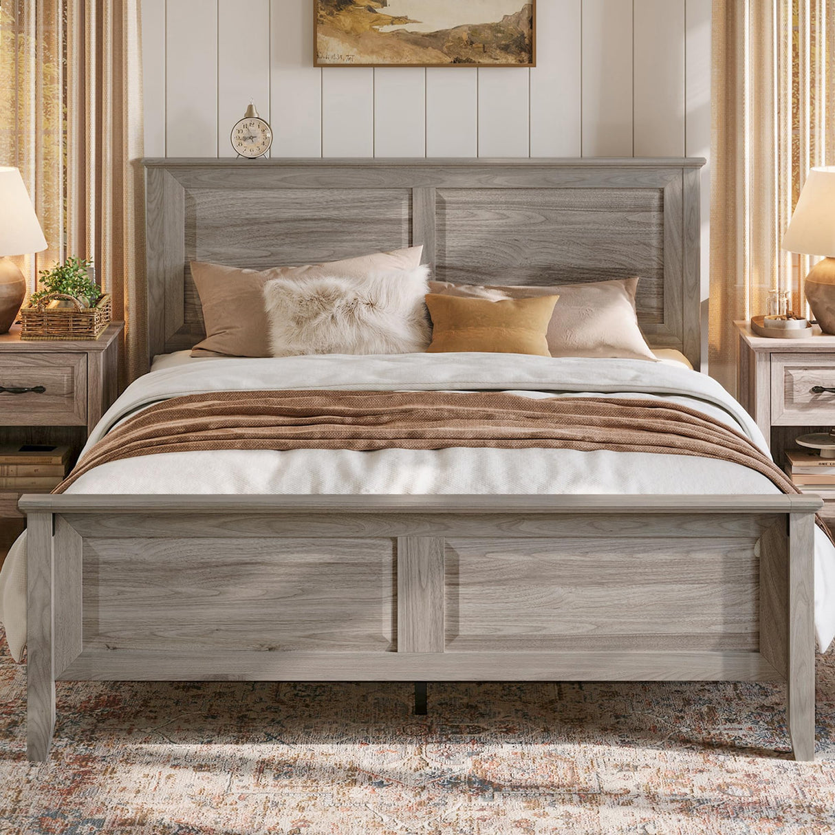 LINSY Farmhouse Bed Frame, Full Bedframe with Headboard and Footboard, Wooden Bed Frame with Solid Wood Slats, Rustic Grey Platform Bed Frames Full Size, No Box Spring Needed LINSY