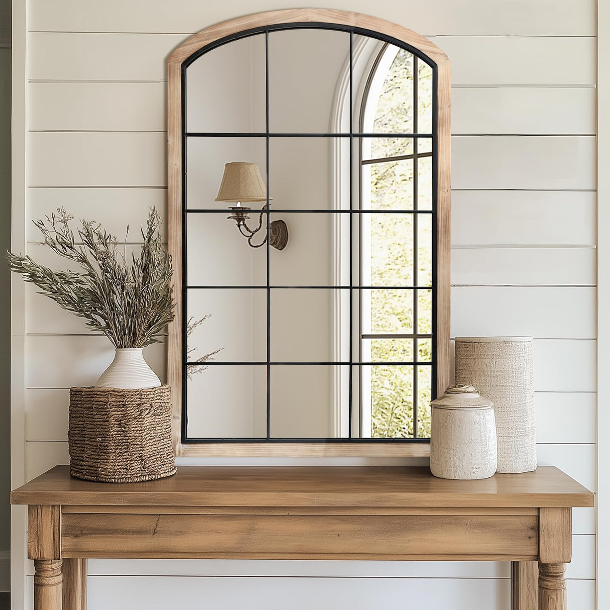 IPOUF Arch Window Mirror, 30X48 Farmhouse Arch Wall Mirror, Wood Framed Rustic Mirror Metal Inner Frame Mirror Decorative for Entryway & Living Room,Natural IPOUF