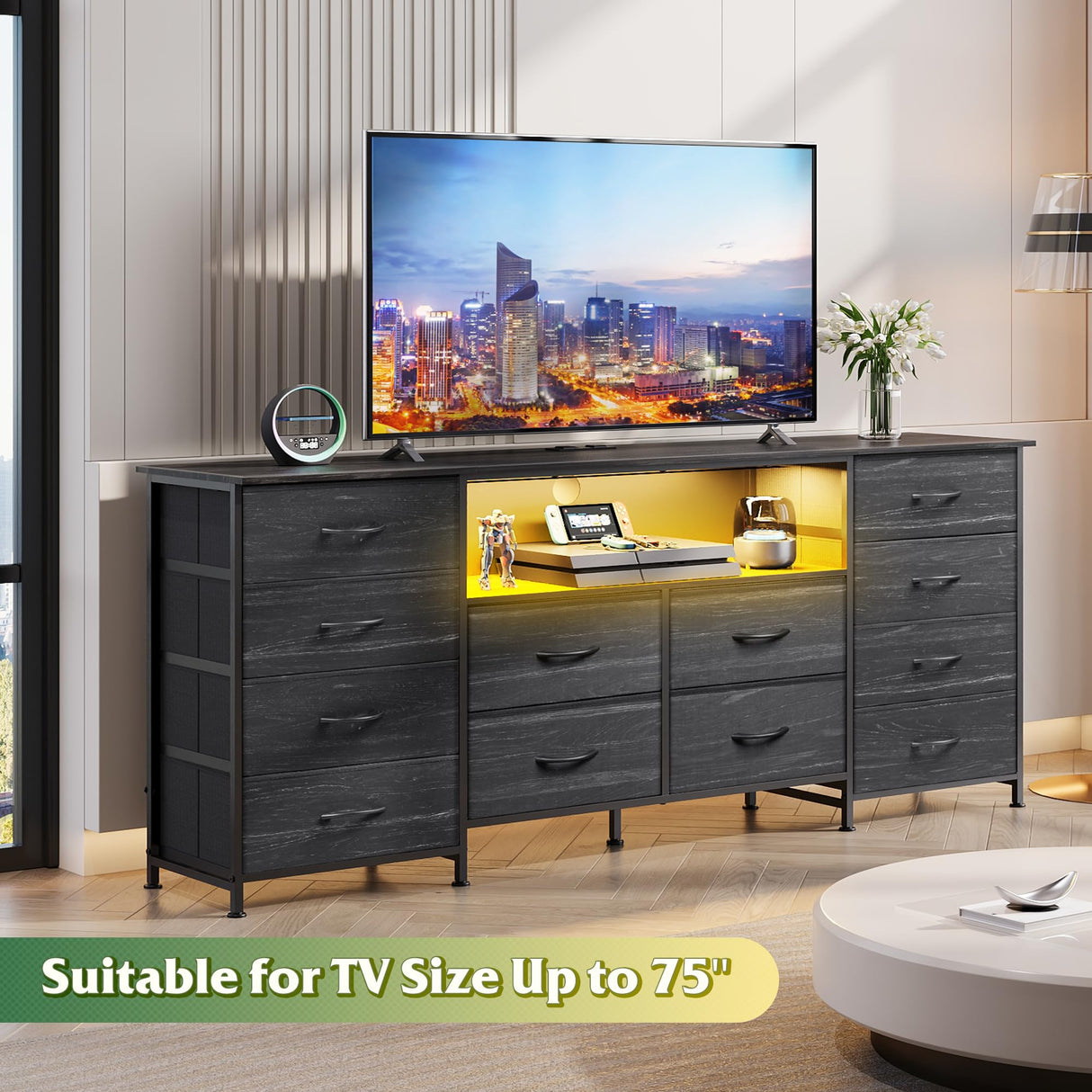 WLIVE 12 Drawer Dresser for Bedroom, Black Dresser TV Stand for 65, 70, 75 inch TV with Led Light & Charging Station, Wide Chest of Drawers with Open Shelves, Fabric Dressers for Closet, Living Room WLIVE