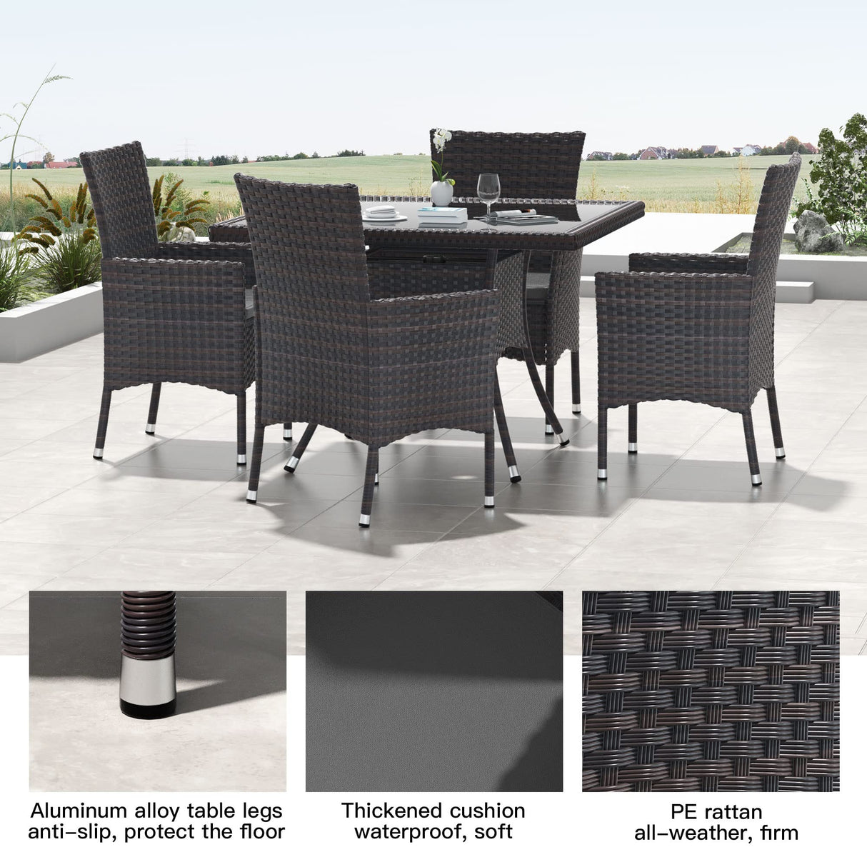 Kullavik 15-piece Outdoor Dining Set,All-weather Wicker Table and Chairs Patio Furniture Set for Garden with Grey Cushions,Square Glass Table Top with Umbrella Cutout,8 Chairs Kullavik