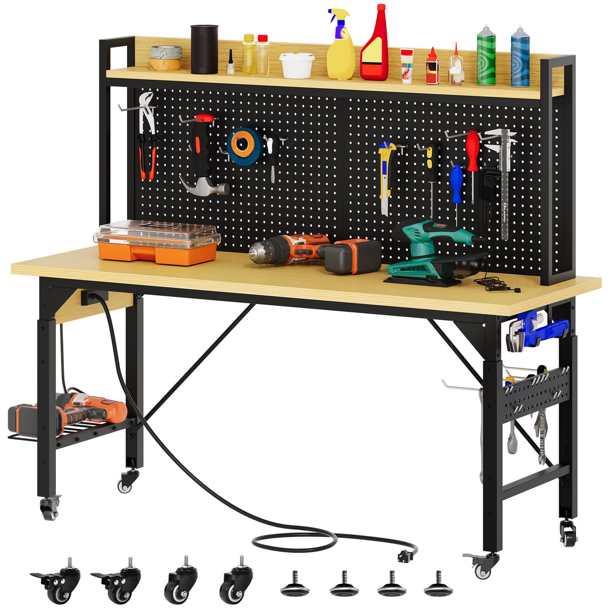 YITAHOME 60" Adjustable Workbench with Pegboard, Wheels & 1600 LB Capacity, Rolling Work Table with AC/USB Outlets, Hooks, and Rack, Heavy-Duty Work Bench for Garage, Workshop, Office, or Home YITAHOME